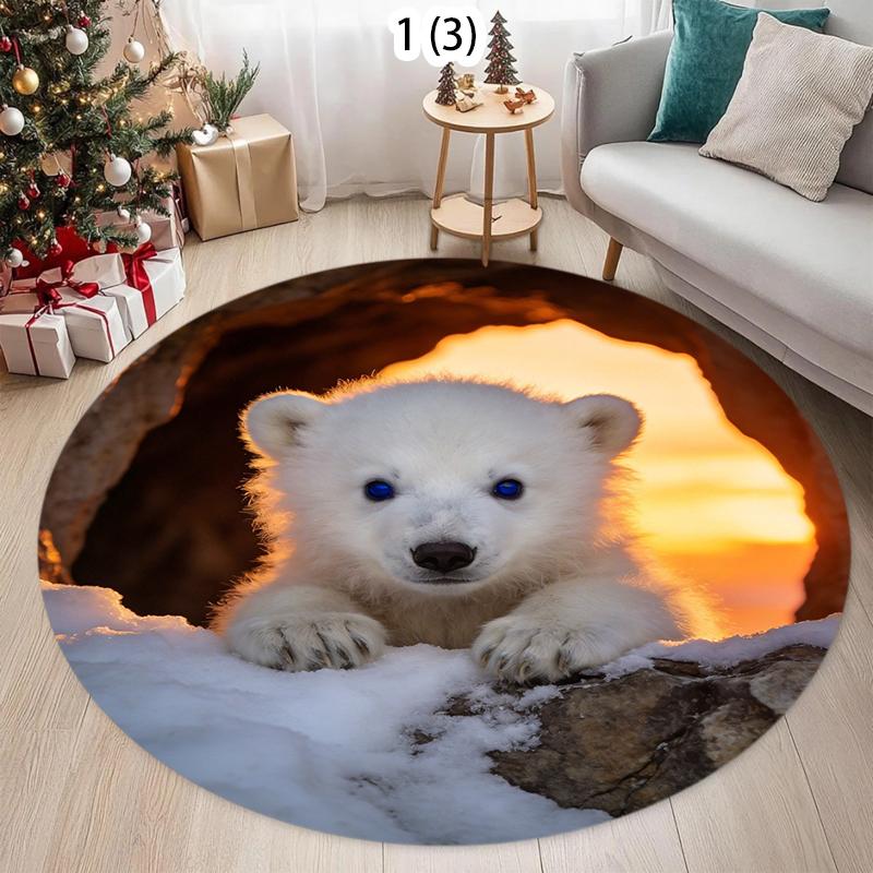 2D Polar Bear Hole Area Rug, Realistic Arctic Bear Print Round Carpet, Non-Slip Funny Floor Mat, Christmas Living Room Decor Rug