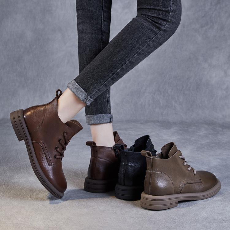 Johnature Botas de couro genuíno estilo britânico com cadarço e sola macia, botas curtas, sapatos femininos de cor sólida