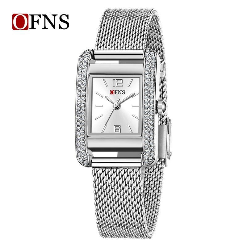 OFNS Elegant Women's Square Dial Watch: Simple Niche Bar Markers, Waterproof, Luxury Diamond Inlaid Quartz.