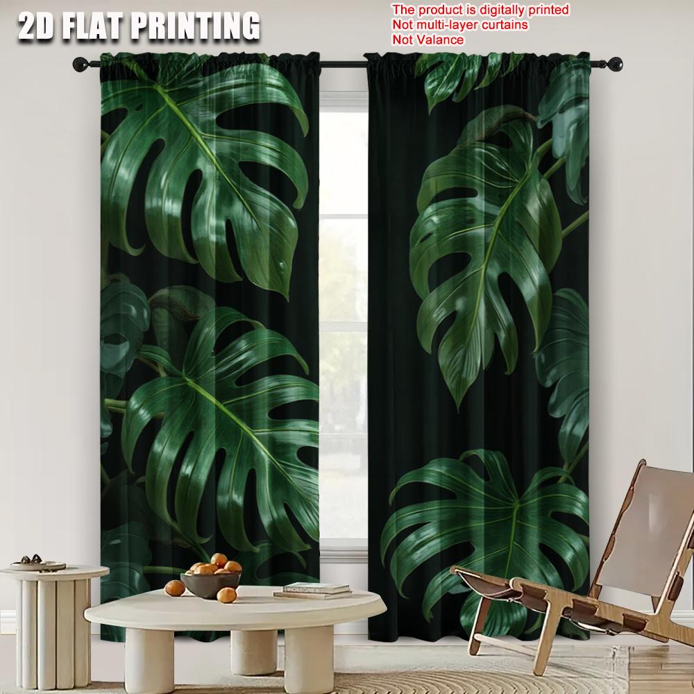 Set Of 2 Flat Printing Party Window Curtains Tropical Green Palm Leaf Versatile Polyester Without Electricity Festive Wall Curtain