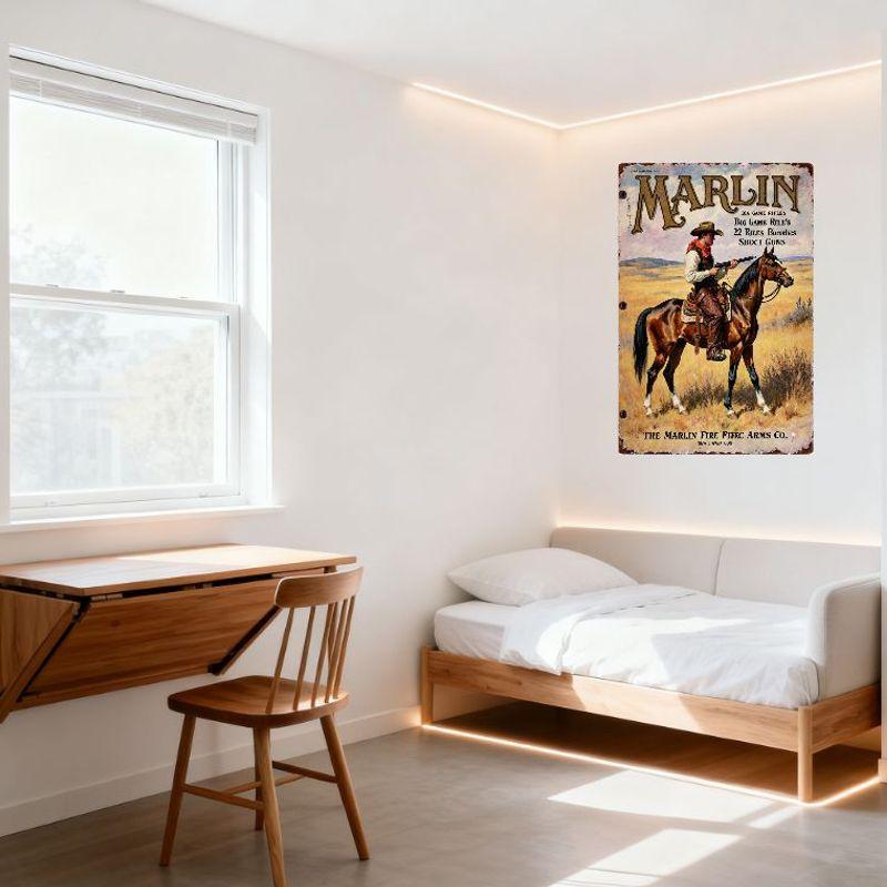 Vintage Marlin Firearms Metal Sign Western Cowboy Horse Rifle Art Wall Decor for Man Cave Bar Shop
