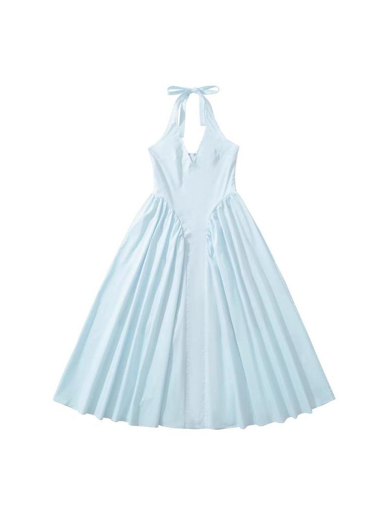 French Socialite Summer Halterneck Deep V-Neck Pleated Dress