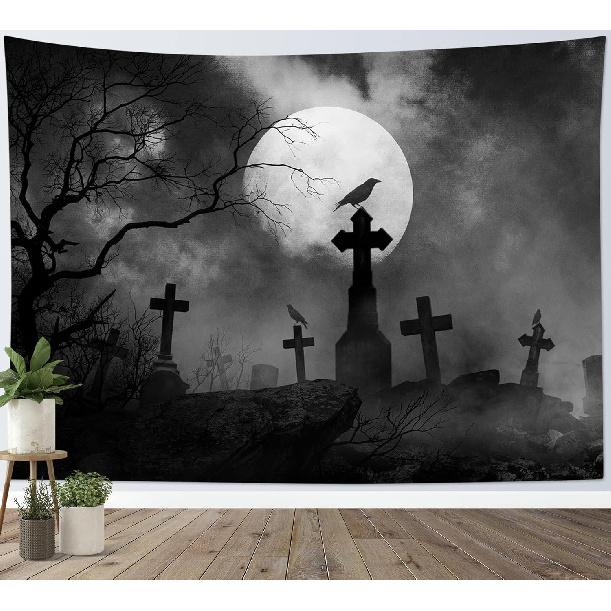 HVEST Halloween Tapestry Full Moon Black Crow Tombstone Dead Tree Tapestry for Bedroom, Scary Grey Cemetery Forest Wall Decor Blanket Home Holiday