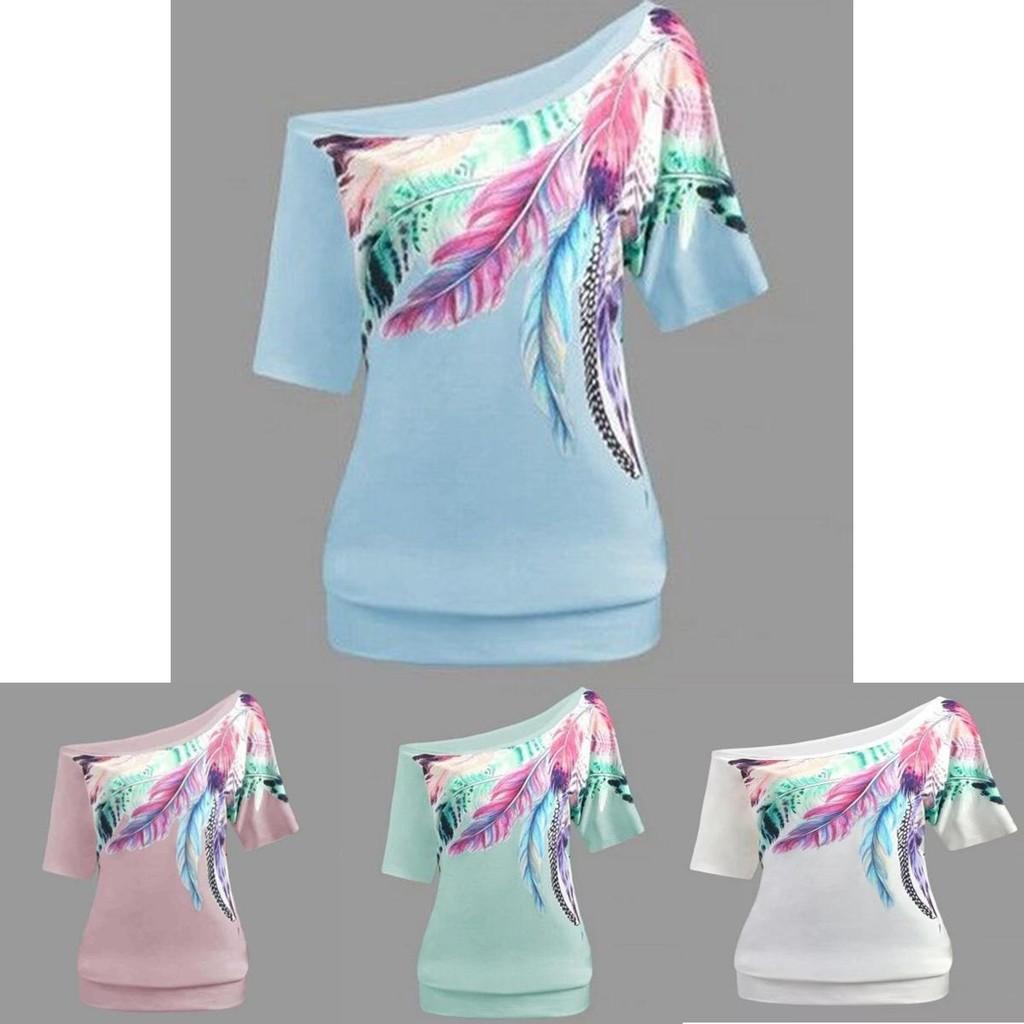 Luxurious Off The Shoulder Floral Print Short Sleeve Women's T-shirts Top Plus Size