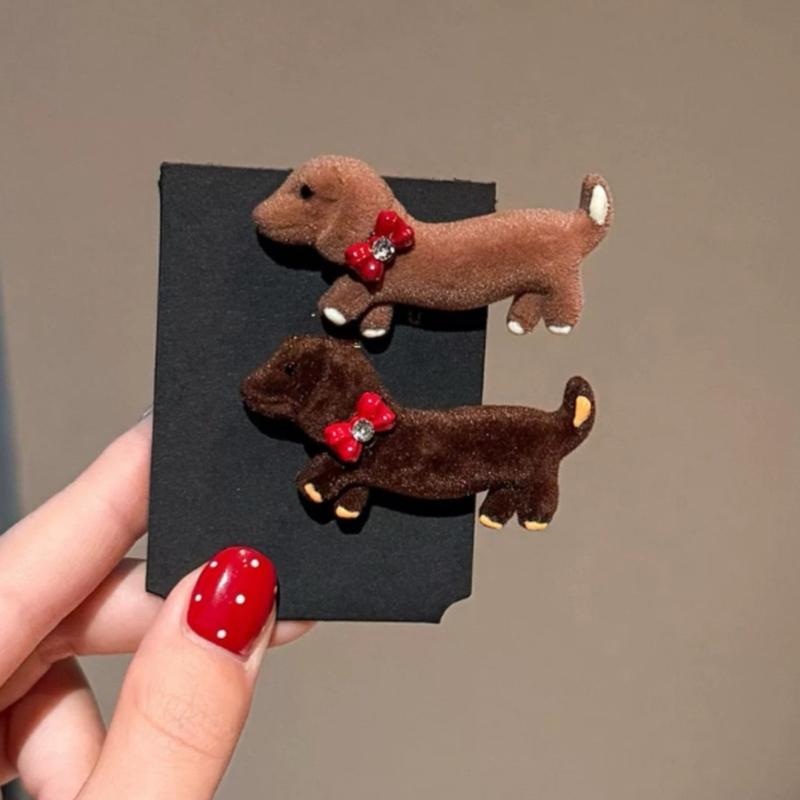 2PCS Popular Flock Dachshund Hair Barrettes With Side Clasp NonSlip Hairpin For Teens Girl Gentle Hair Accessories