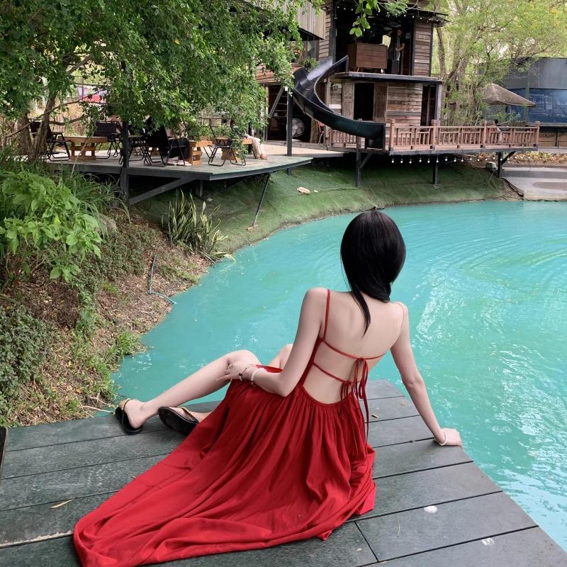 Dali Red Backless Slip Dress for Women - Perfect for Beach Vacations or Photoshoots