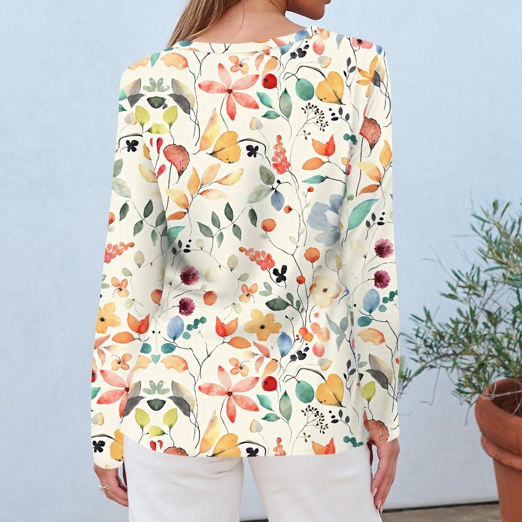 Dámský denní ležérní top s dlouhým rukávem a potiskem s kulatým výstřihem