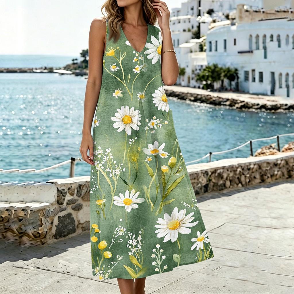 Women’s Sleeveless V Neck Midi Dress with Pockets Floral Print Cotton Linen Split Hem Casual Tank Style