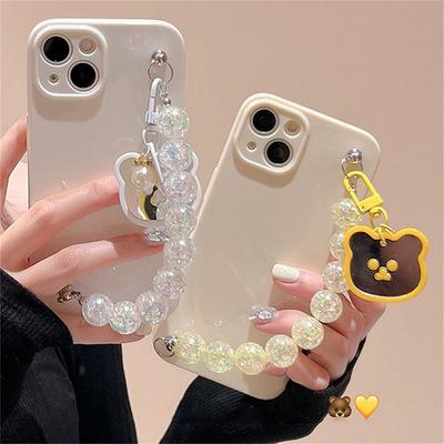 Korean Cute Bear Pearl Heart Pendant Glitter Bead Bracelet Soft Case For Iphone 14 12 11 13 Pro Xr X Xs Max Protective Cover