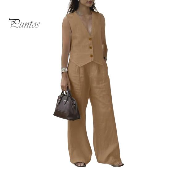 

2 шт./комплект женский жилет брюки костюм глубокий V-образный вырез без рукавов однотонный топ высокая талия широкие брюки повседневный наряд OL офисная летняя одежда S коричневый