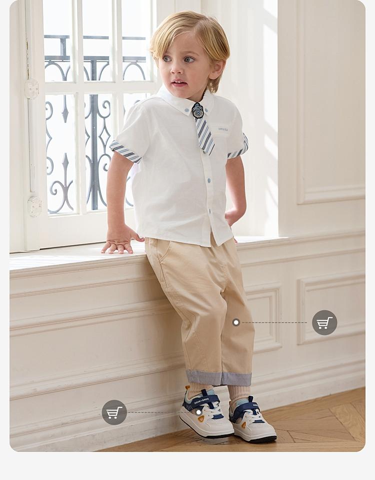 David Bella Boys' Pure Cotton Shirt Summer Clothes Middle and Large Children's White Shirt Children's Short-sleeved Top
