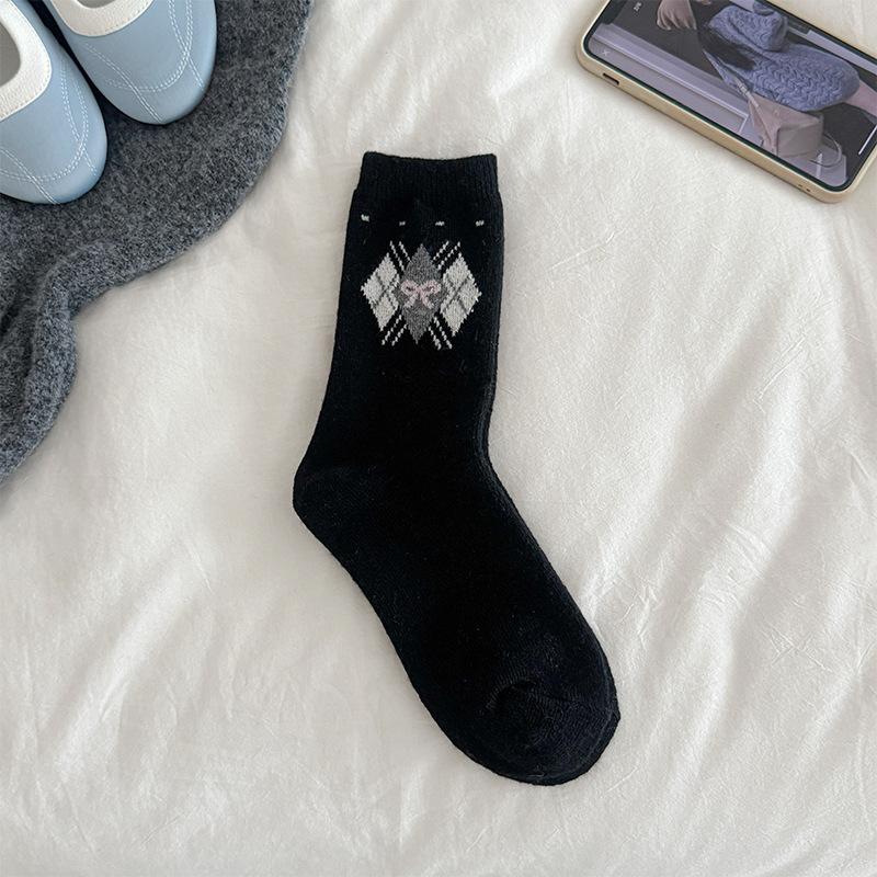 Rhombus Plaid Bow Wool Socks Children'S Wind Thickened Warm Retro Stacking Socks