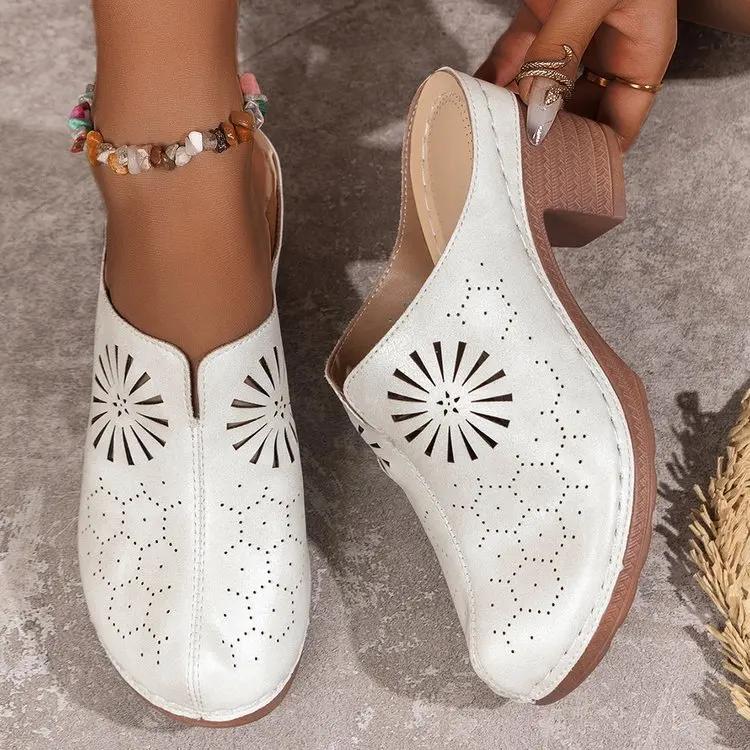 Women Shoes Hollow Out High Heeled Thick Soled Cork Wedge Women Sandals Summer Cute Slides Women Slippers Zapatos De Mujer