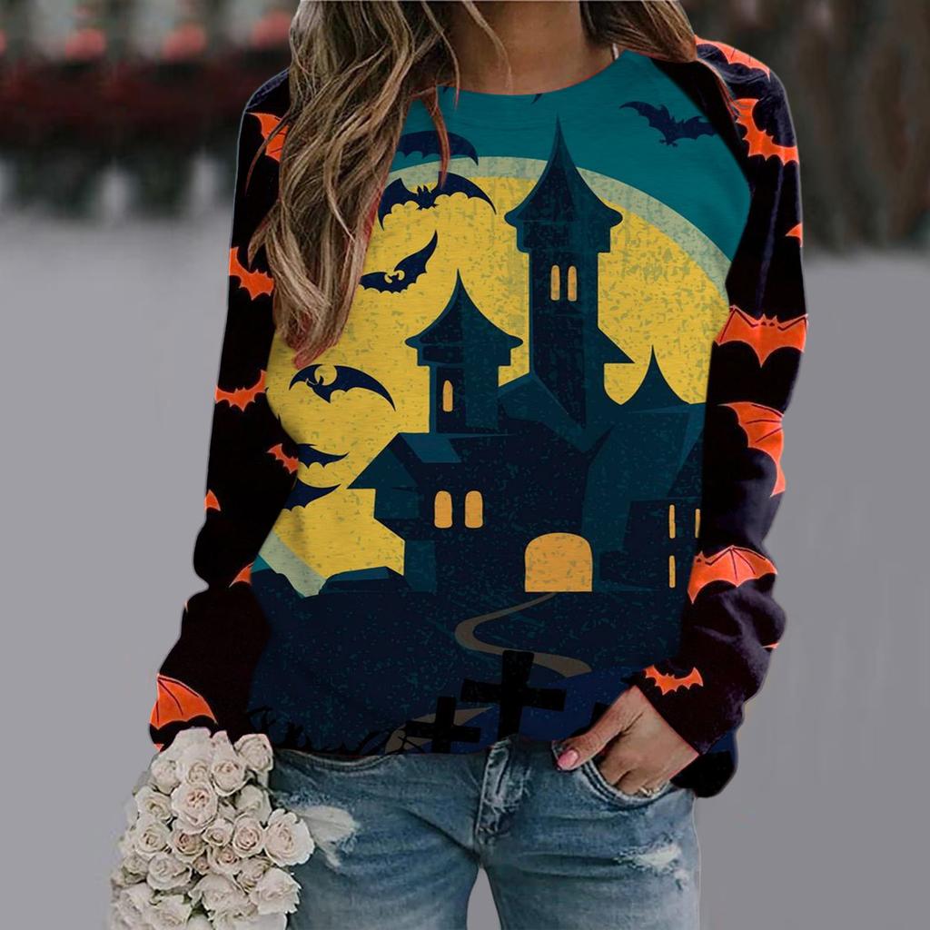 Spring and Autumn Round Neck Halloween 3D Printed Top Fashionable Casual Long Sleeved Women's T-shirts