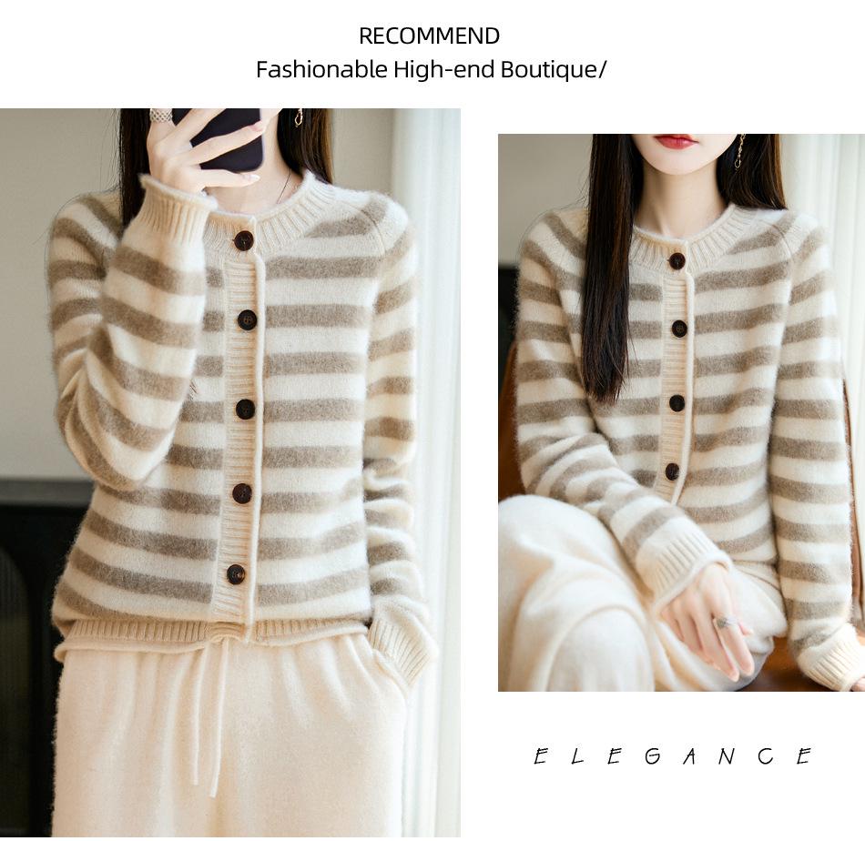 Women's Striped Pure Wool Cardigan - Seven-Needle Thickened, Round Neck, Autumn/Winter, Loose Knit Sweater Coat
