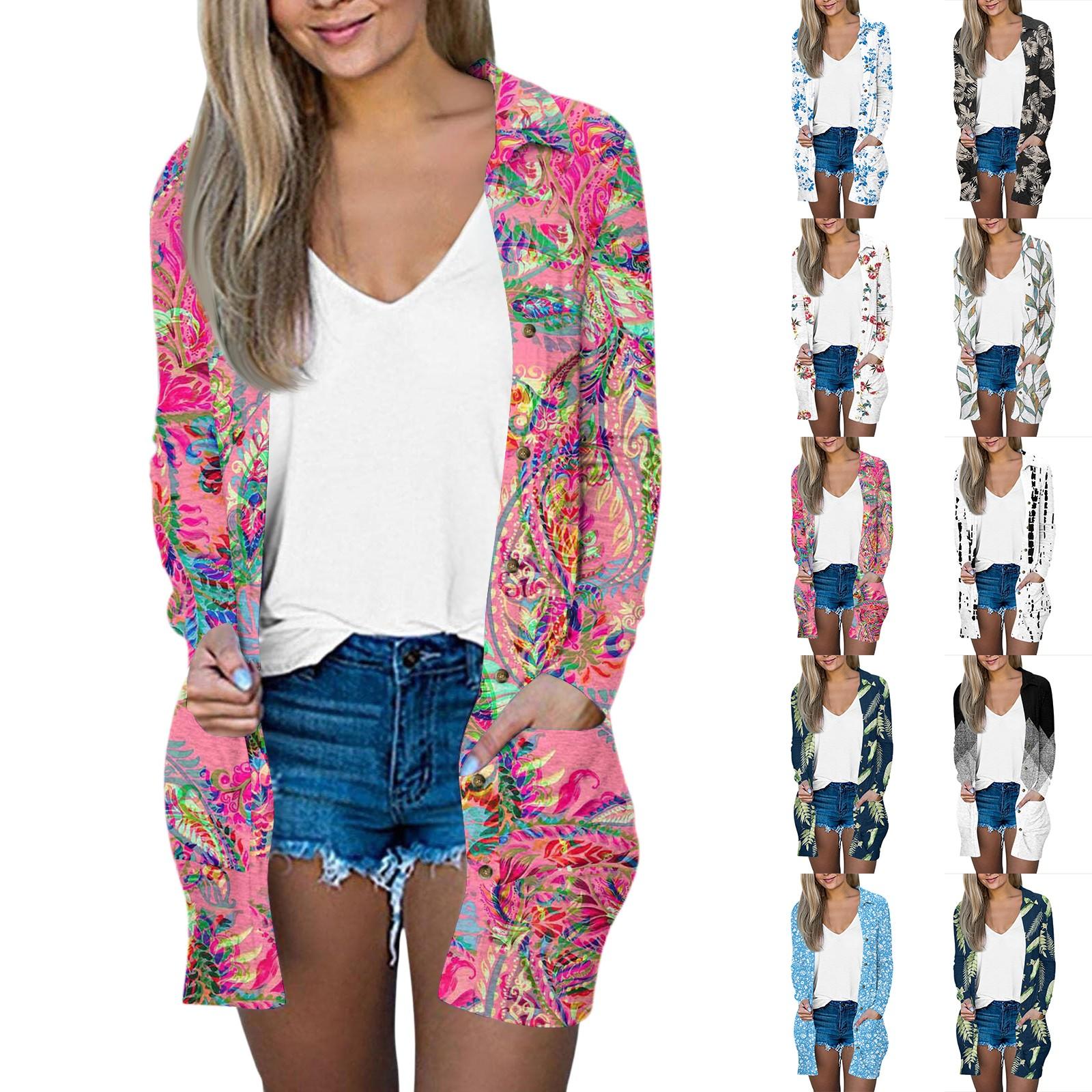 

Women s Casual Fashion Printed Long-sleeved Mid-length Cardigan Jacket S