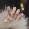 U36 24pcs Full Rhinestones Bridal Press-on Nail Long Lasting Full Coverage Pearl Fake Nail Matching with Bracelet and Necklaces