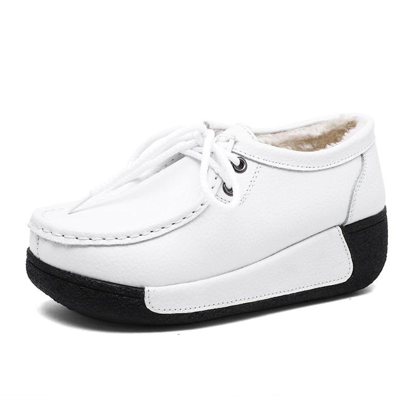 Women Genuine Leather Platform Shoes Winter Plush Walking Shoes 5cm High Wedges Heels Shoes Elegant Warm Mother Shoes