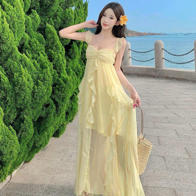 French romantic dress women's summer small flying sleeves ruffle edge suspender skirt seaside travel vacation irregular long dress