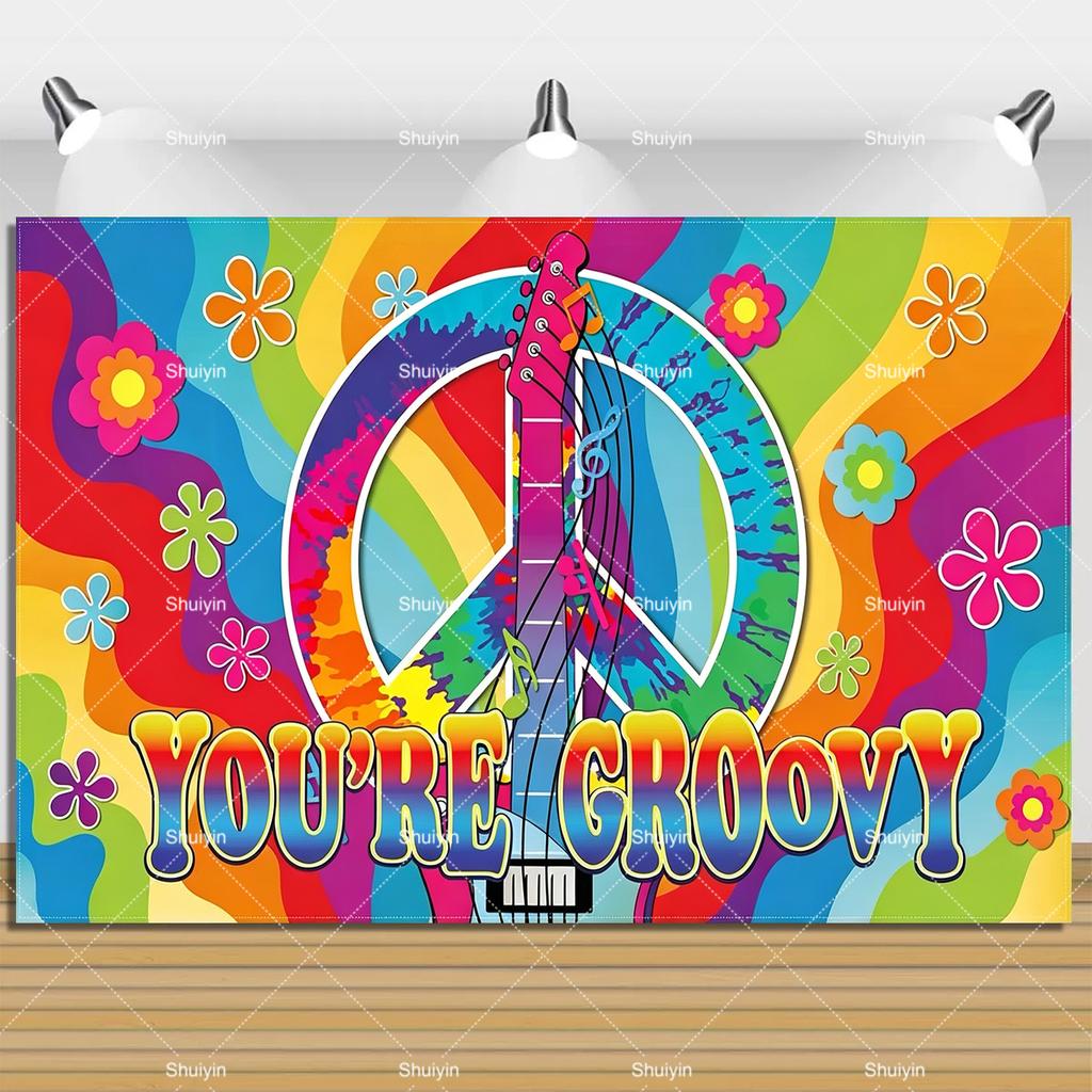 Bus Hippie Rétro Coloré Paix Amour Teint en Tie-Dye Décorations d'Anniversaire pour Enfants Style Bohème Guitare Accessoire de Photographie Floral
