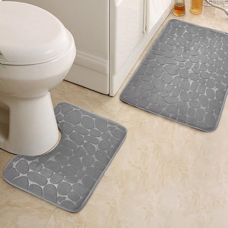 Non-Slip 50*80cm Bath Mat and 50*40cm Toilet Mat Bathroom Rug Set Soft Bath Mat with Cobblestone Pattern Washable Bath Mats