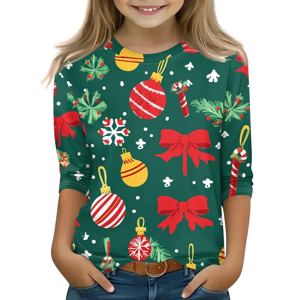 Christmas Day Print Tops For Youth Girls 5-16 Years Round Neck 3/4 Sleeves T-Shirts Trendy Tops Outfit Tees