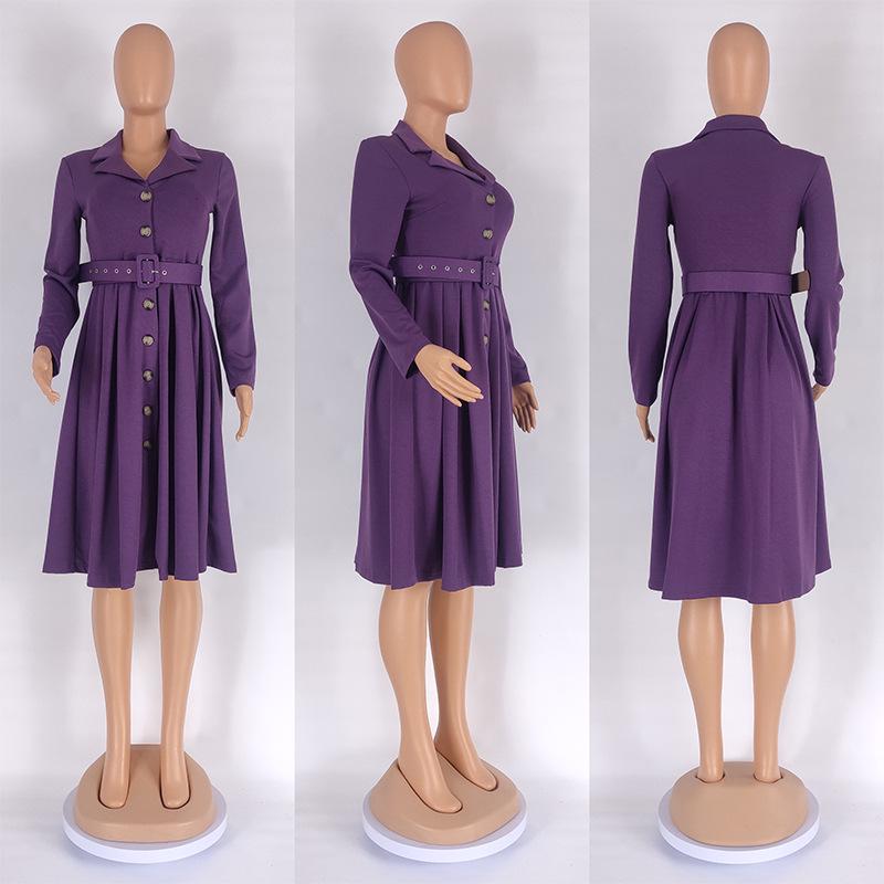 Solid Color V-Neck A-Line Dress with Belt, European & American Style, Plus Size, African Women