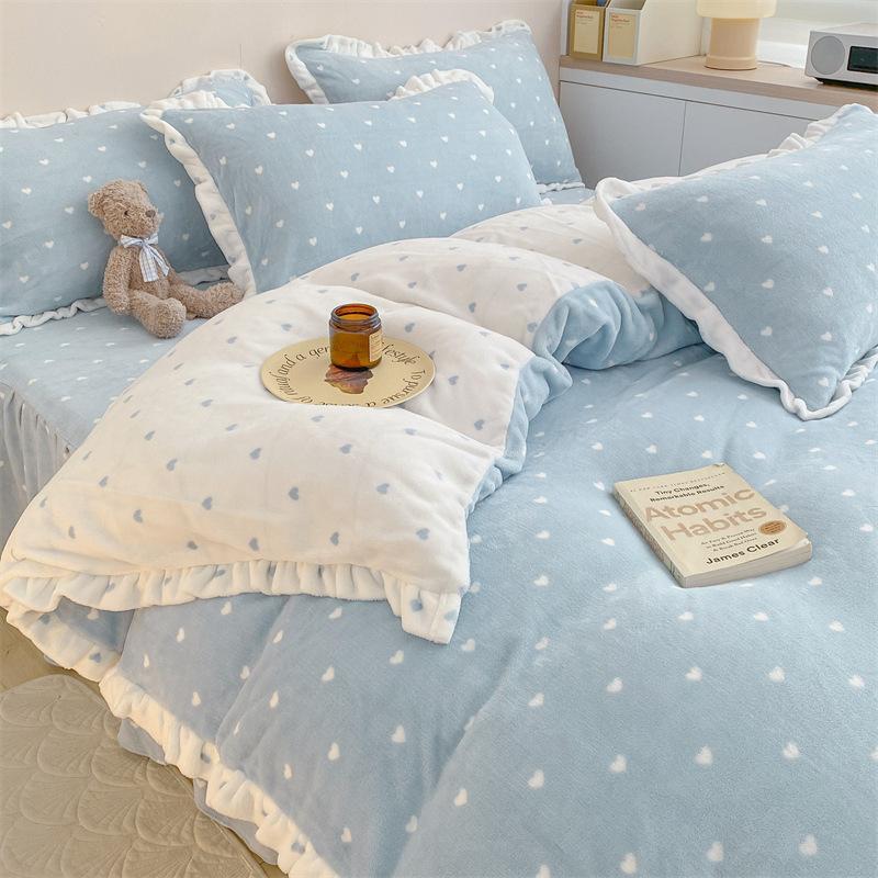 Зимний утолщенный коралловый бархат, двусторонний плюс бархатный пододеяльник в стиле принцессы, антистатическая юбка-кровать, стиль молочного бархата, комплект из четырех предметов 150*200cm three-piece set