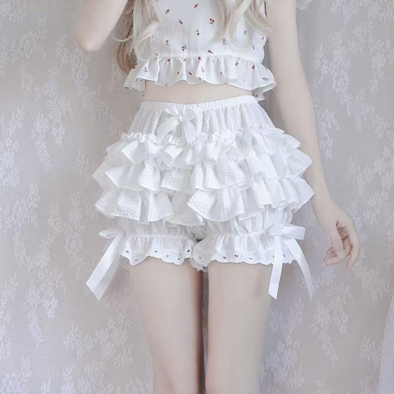 Pantaloncini Corti da Donna Bianchi e Neri con Volant Kawaii Fiocco in Pizzo Lolita Culotte Zucca Pantaloncini Sicurezza Carini Pantaloni Bloomers Vittoriani Vintage