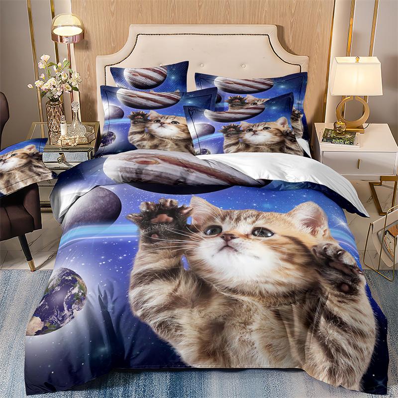 Starry Animals Bedding Set, Cat Duvet Cover Set With Pillowcases, Galaxy Comforter Case, Twin Size Bedding, Animal Cartoon Cat