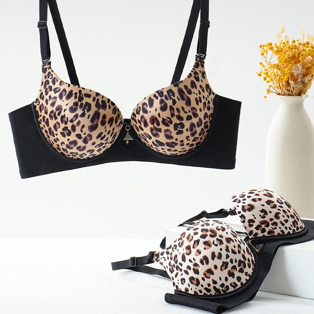 Sexy Leopard Print Front-button Bra for Small Breasts Push-up Bra for Side Breasts and Anti-sagging No Steel Ring Seamless Back Bra