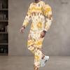Men Plus Size Printed Navy Blue Round Neck Long Sleeve Top And Cuffed Pants Two Piece Sets