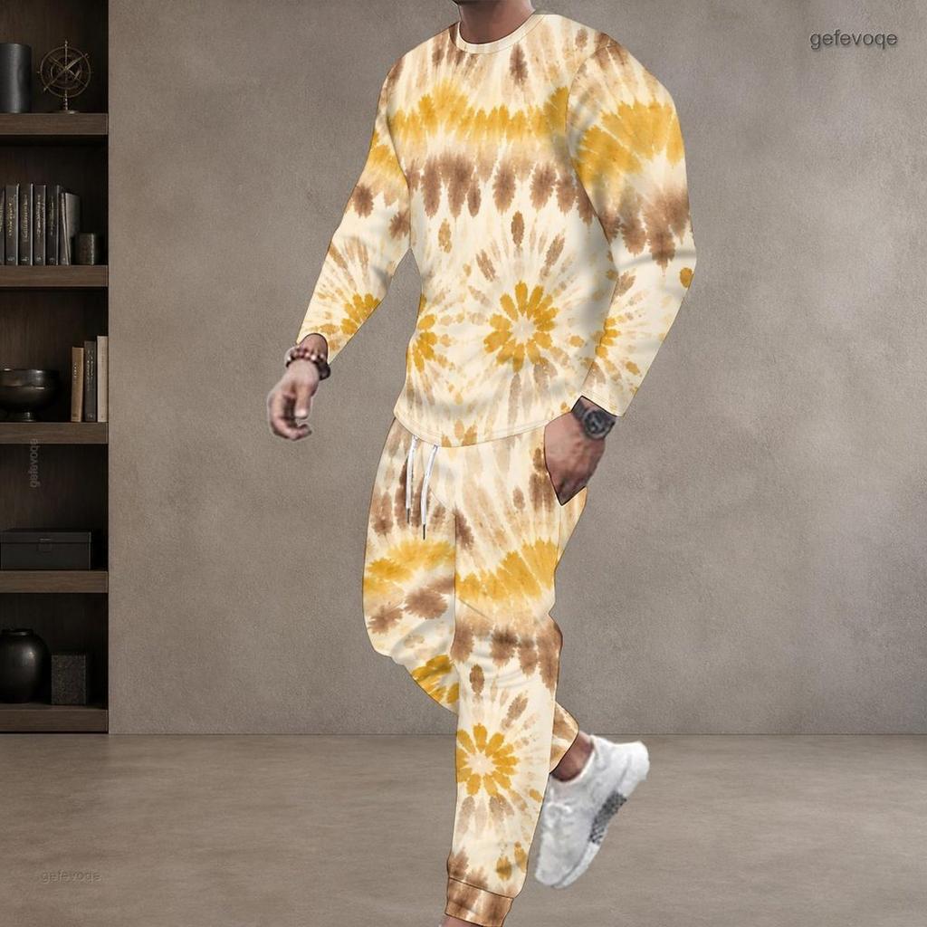 Men Plus Size Printed Navy Blue Round Neck Long Sleeve Top And Cuffed Pants Two Piece Sets