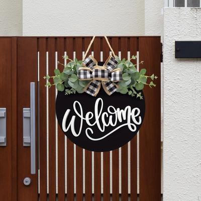 Welcome Wooden Door Hanging Sign Front Round with Bow Wall Art Decoration Wood Plaque