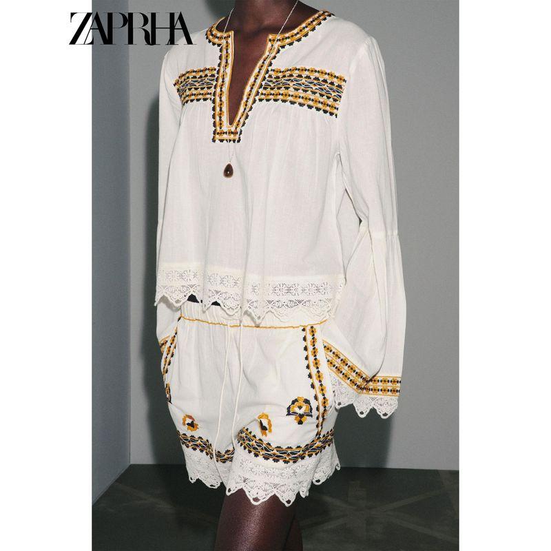 Zaprha 2025 Summer New Fashion Contrast Color Embroidery Design Horn Long Sleeve Round Neck Shirts 2903241