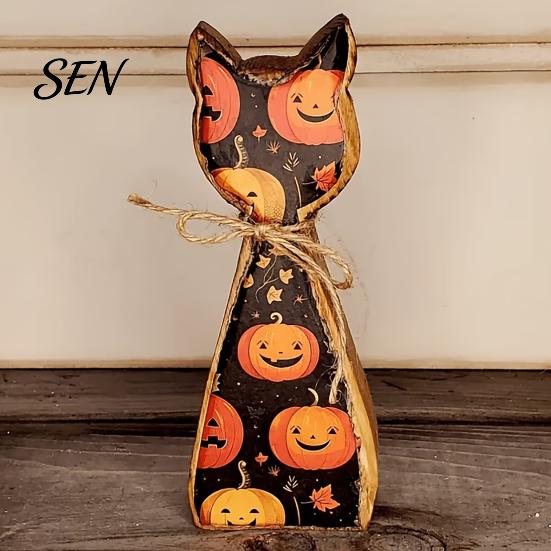 Festive Party Table Centerpieces Rustic Wooden Cat Ornament, Vintage Halloween/Flower Wood Tabletop Signs, Fall Home Decorations Distressed