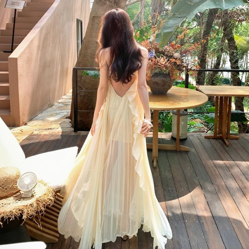 Mesh neck tube top backless atmosphere dress island vacation dress