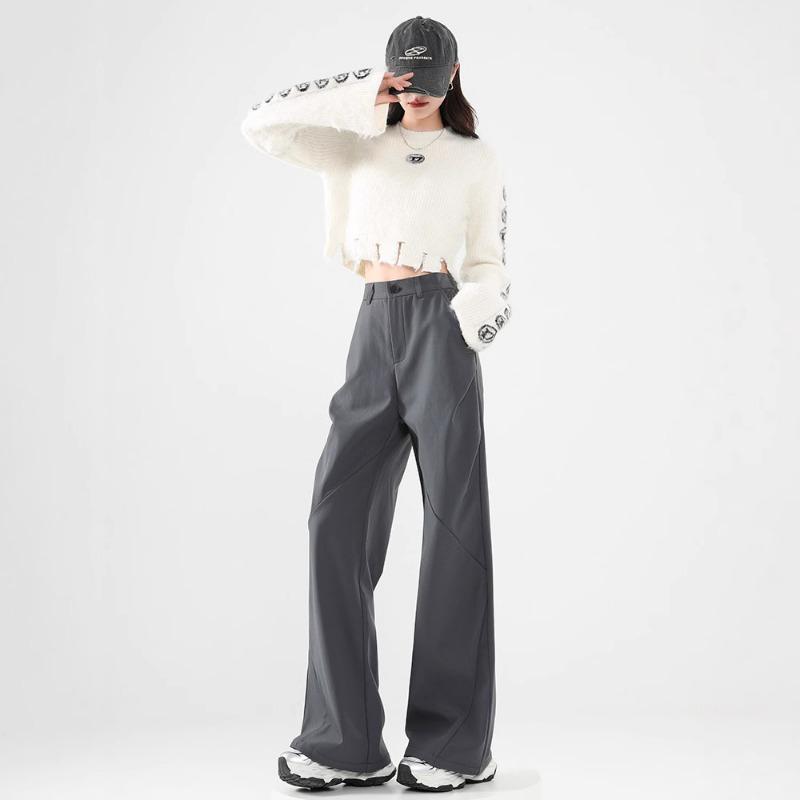 Gray Velvet Overalls Women's New Winter High Waist and Thin Wide Legs Narrow Version Small Sports Pants
