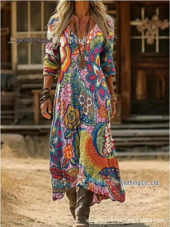 2026 Spring Retro V-neck Long-sleeved Plus Size Dress