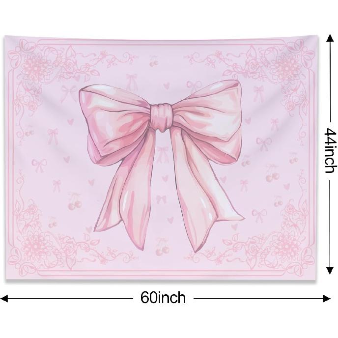 KJHL Pink Bohemian Wall Tapestry for Teen Girls, 44 x 60 Inch Cute Preppy Tapestry Wall Hanging Retro Coquette Bow Room Decor Aesthetic Tapestries
