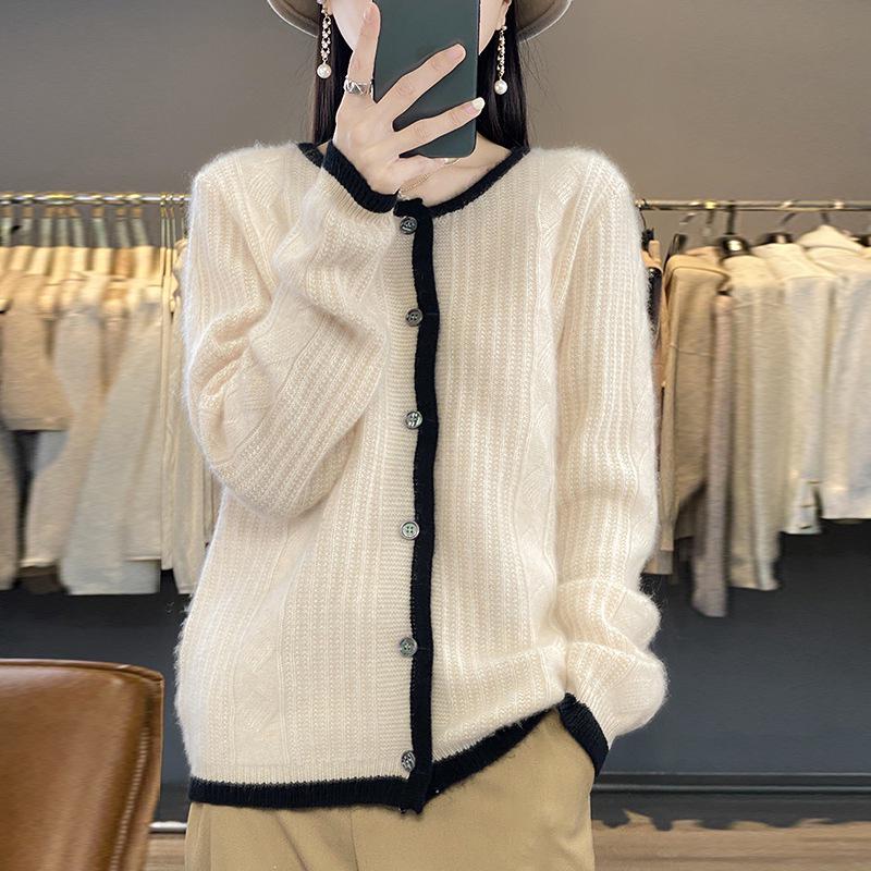 Women's 23-Color Block Round Neck Pure Wool Cardigan - Long Sleeve Knit Sweater