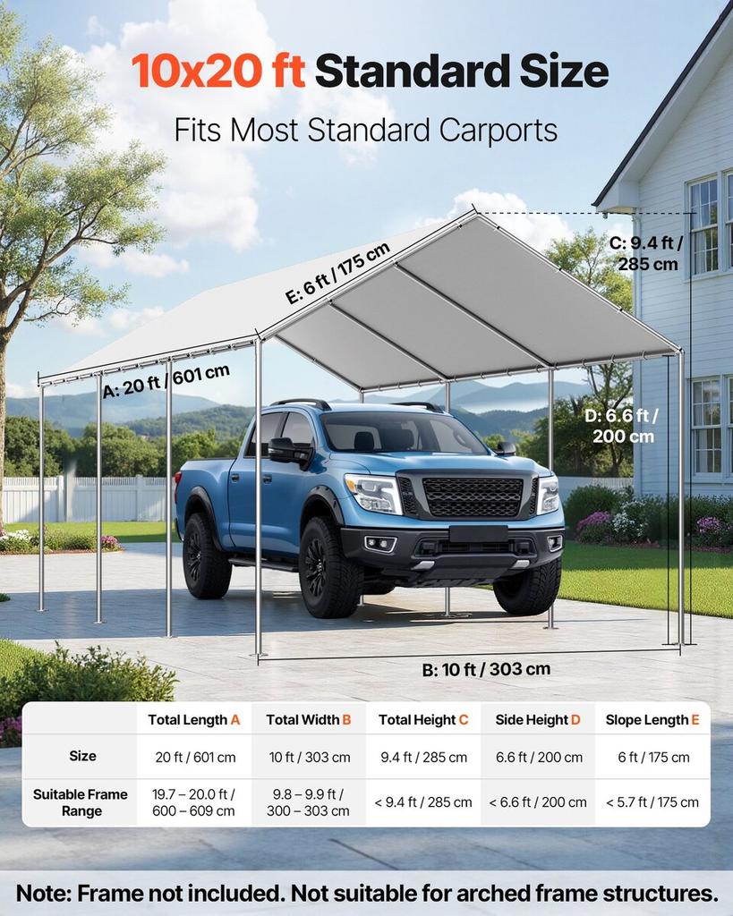 Carport Replacement Canopy, 3 x 6 m Potable Garage Tent Top Tarp, UV-Resistant & Waterproof Car Shelter Tarp, Heavy Duty Car Port Cover with Ball