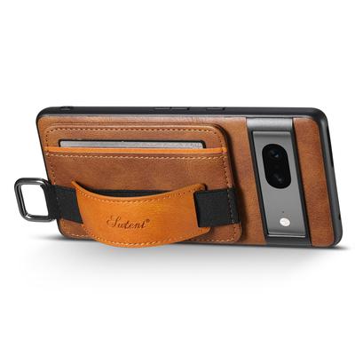 SUTENI H13 Leather Coated PC+TPU Case for Google Pixel 7a,Kickstand Card Holder Phone Back Cover with Hand Strap
