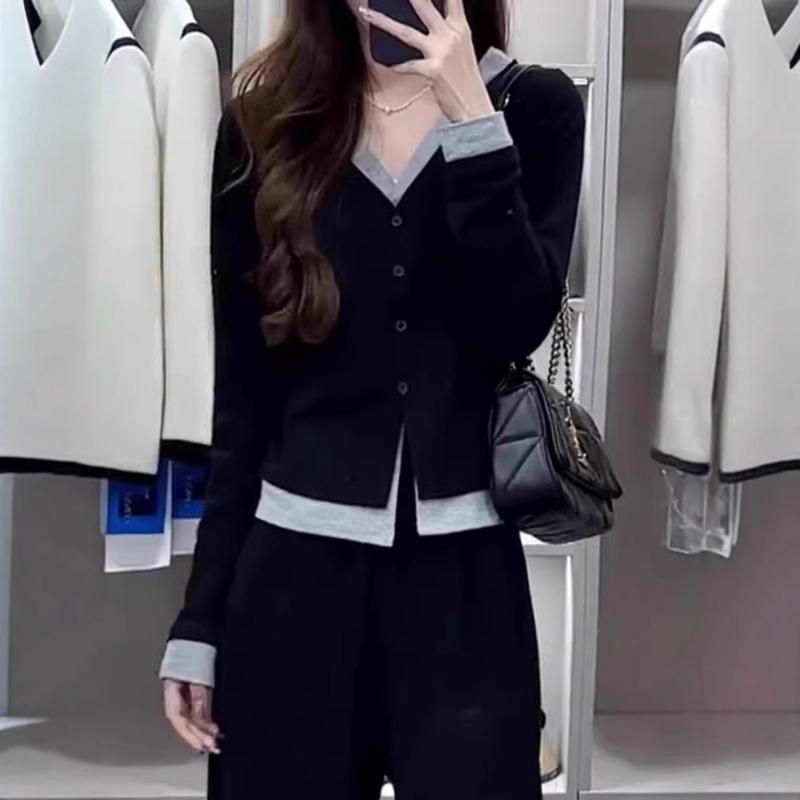 Autumn Winter V-neck Fake Two Pieces Buttons Knitting Coat Women Casual All-match Cardigan Sweater Top