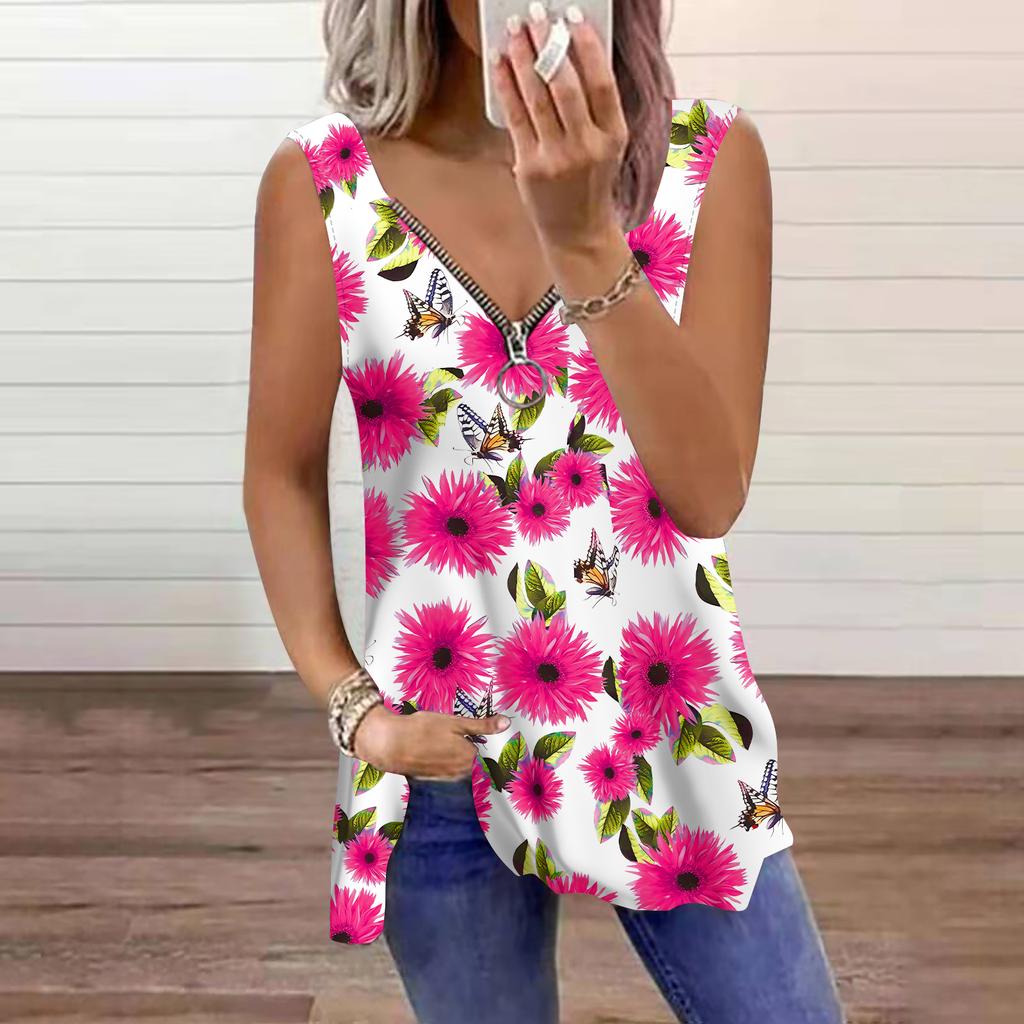 Women's Top Summer Chrysanthemum Printed Casual Plus Size Sleeveless Zipper V-neck Top Tank Top