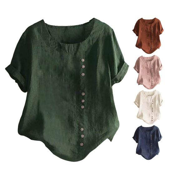 Summer Women T Shirt Loose Fit Round Neck Short Sleeve Solid Color Pullover Top Buttons Decor Daily Wear Tee