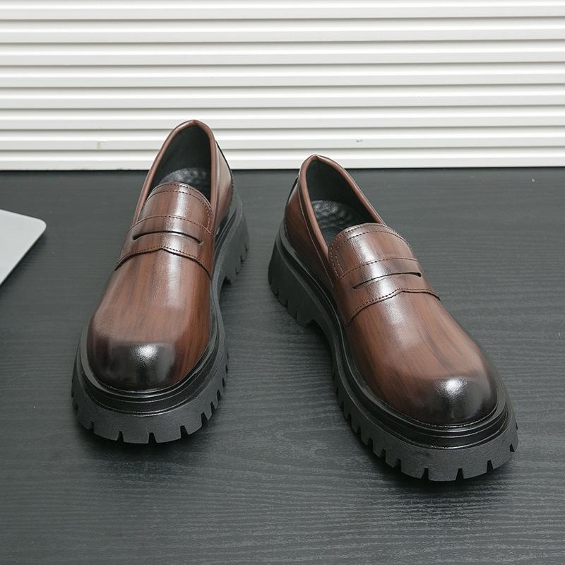 Spring Men's British Thick-Soled Leather Loafers: Trendy Casual Slip-On Shoes