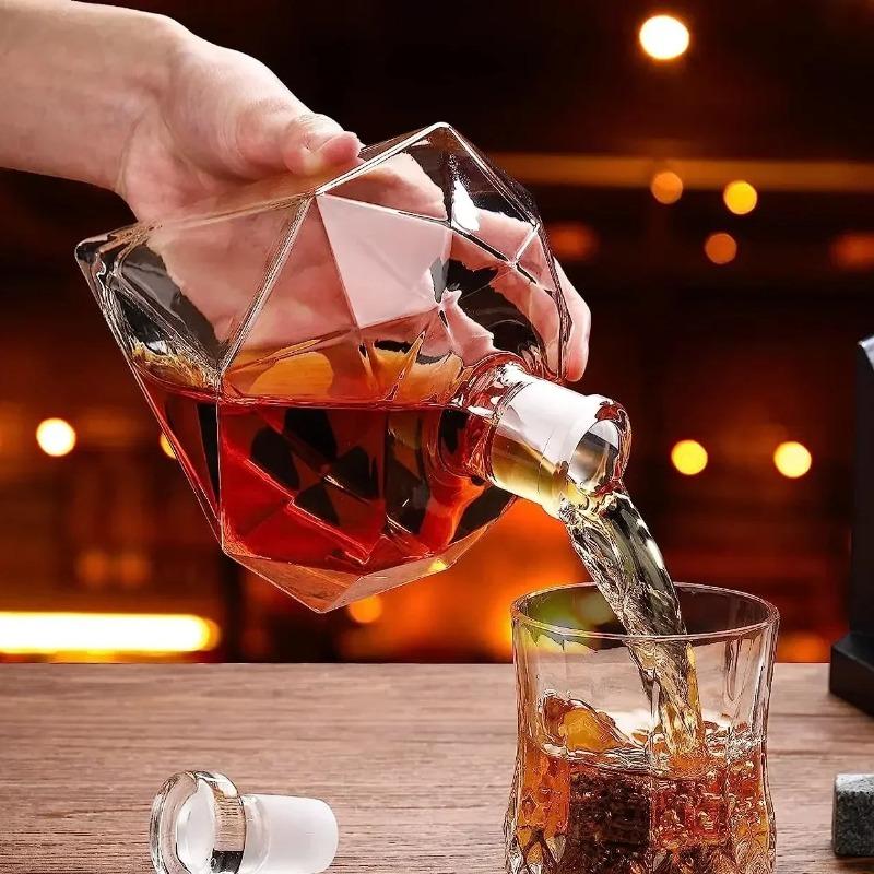 1000 ml karafka do whisky, szklana butelka na wino w kształcie diamentu z drewnianym uchwytem i szczelnym korkiem, odpowiednia do wszystkich rodzajów alkoholu