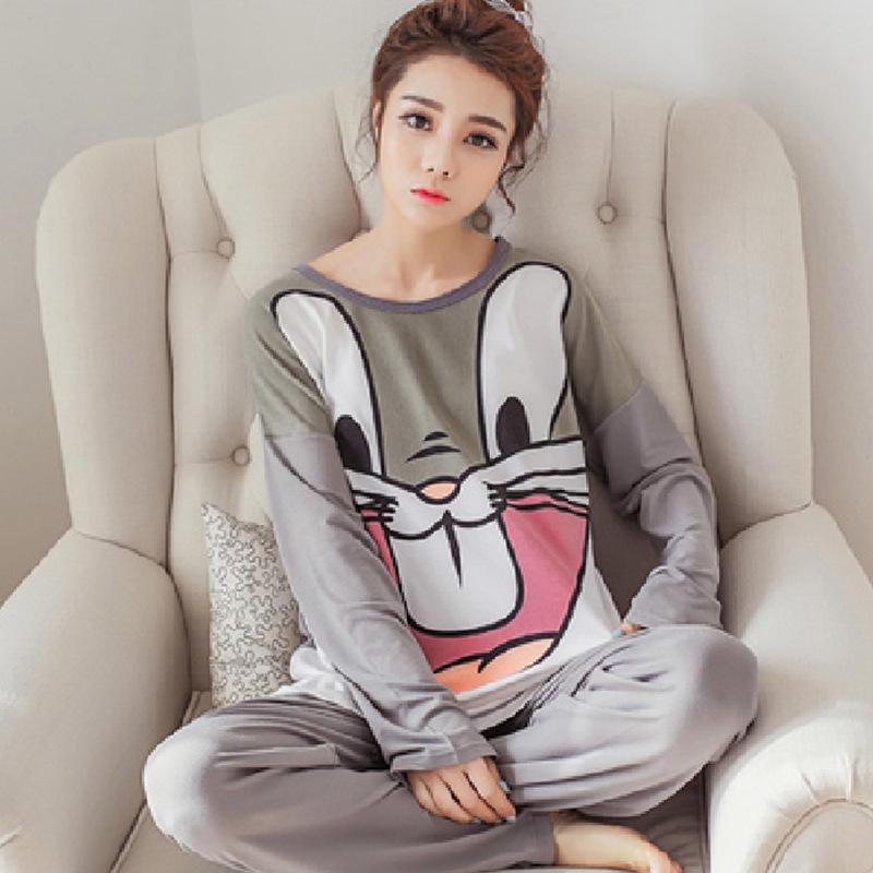 Women's Korean Style Pajama Set: Long Sleeve, Round Neck, Cute Cartoon Print, Comfortable for Spring & Autumn