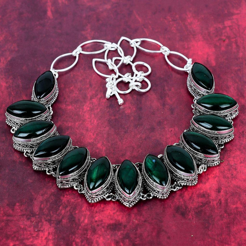 Green Flash Labradorite Handmade Gemstone Necklace, 925 Solid Sterling Silver Necklace Antique Jewelry, Adjustable Chain Necklace Engagement Gift